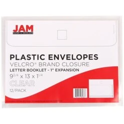 JAM Paper® Plastic Envelopes With Hook & Loop Closure, 9.75 X 13 With 1 Inch Expansion, Clear, 12/Pack (218V1CL)
