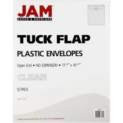 JAM Paper® Plastic Envelopes With Tuck Flap Closure, Open End, 11 X 14, Clear, 12/Pack (1541749)