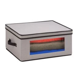 Honey Can Do Dinnerware Storage Box, 18.5" X 14" X 8.5", Gray Canvas (SFT-05379)