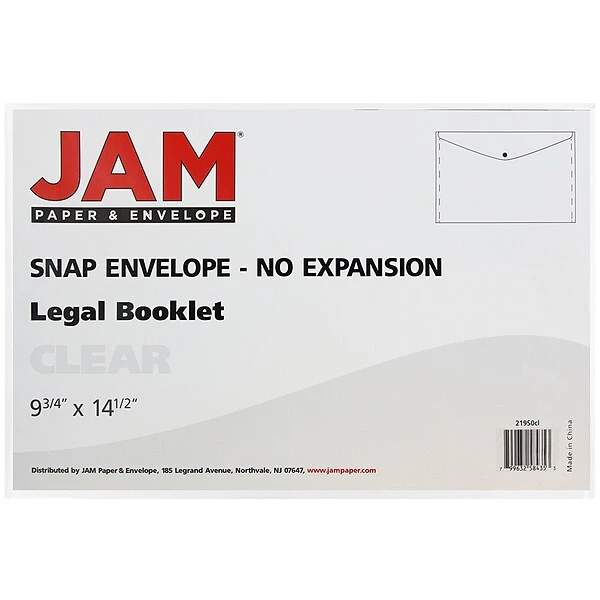 JAM Paper® Plastic Envelopes With Snap Closure, Legal Booklet, 9.75 X 14.5, Clear Poly, 12/pack (34830) 4 JAM Paper® Plastic Envelopes With Snap Closure, Legal Booklet, 9.75 X 14.5, Clear Poly, 12/pack (34830) - Image 2