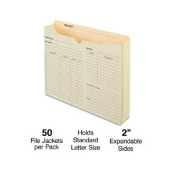 Staples Reinforced Pre-Printed File Jacket, 2" Expansion, Letter Size, Manila, 50/Box (TR486083)