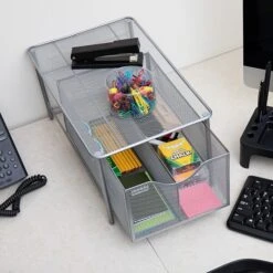 Mind Reader Storage Basket W/ Sliding Drawer And Steel Mesh Platform On Top, Silver (CABASKDR-SIL)