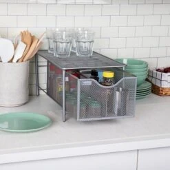 Mind Reader Storage Basket W/ Sliding Drawer And Steel Mesh Platform On Top, Silver (CABASKDR-SIL) -Bostitchy Store sp155207092 s7